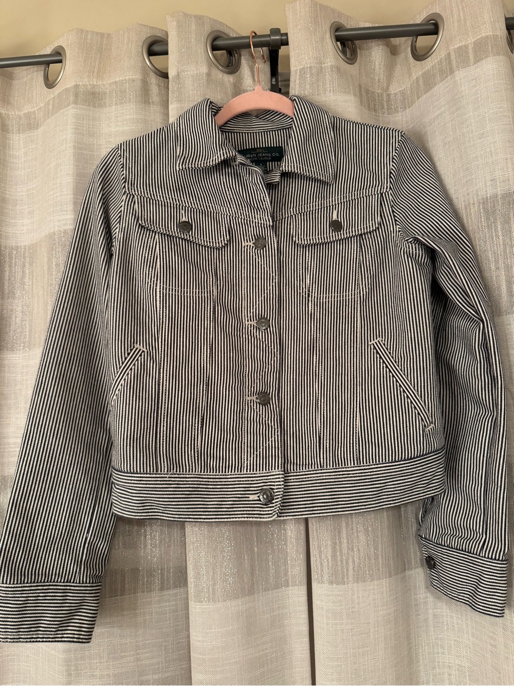Lauren Ralph Lauren Black and White Striped Cotton Jean Jacket